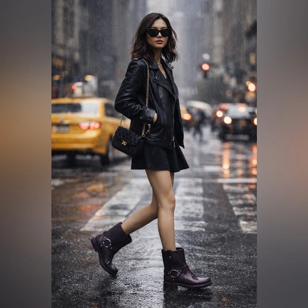 Michael Kors KORS Plum Eggplant Rubber Rain Boots Harness Moto Style Women's 8